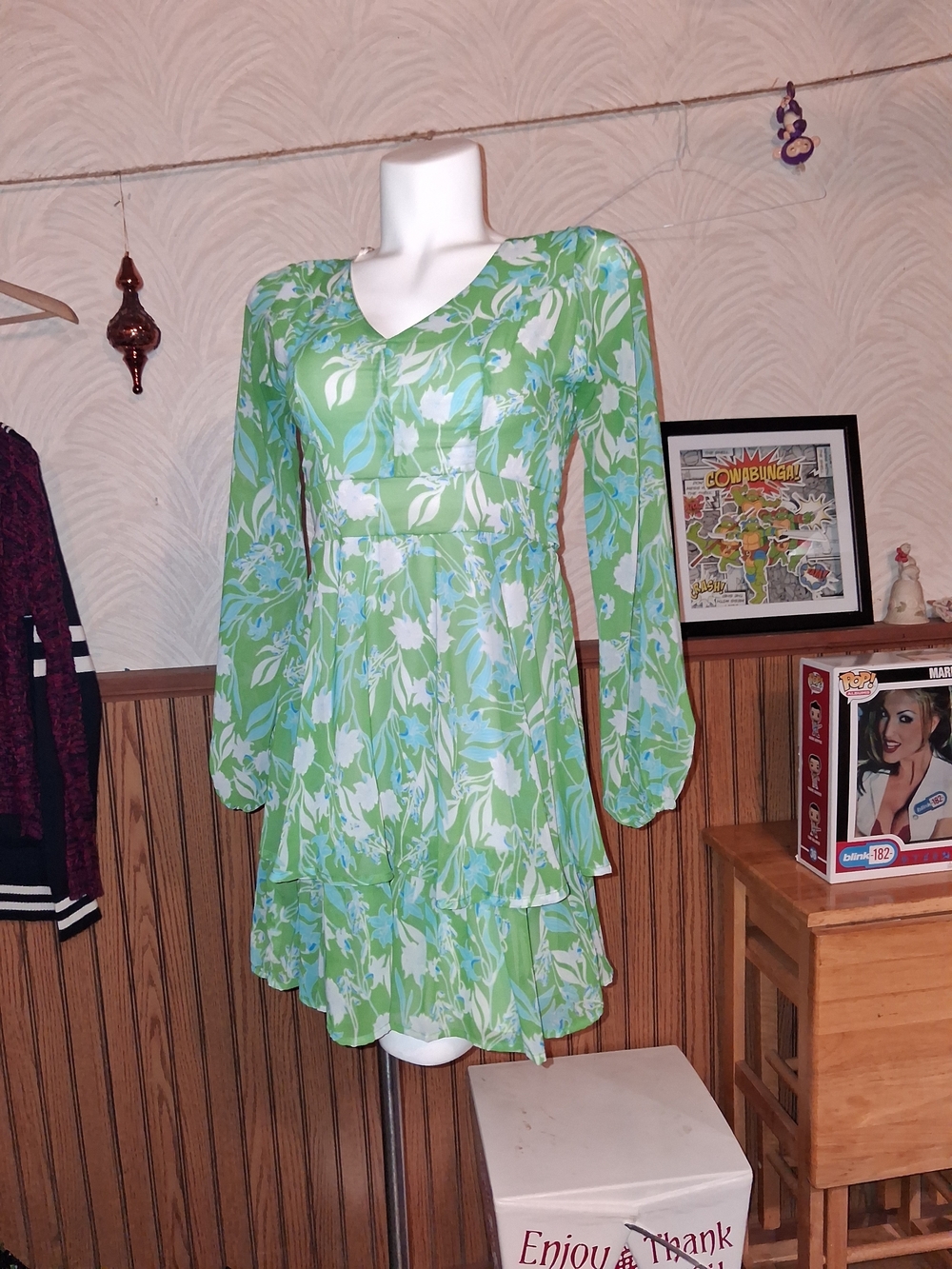 Green Floral Long-Sleeve Tiered Mini Dress